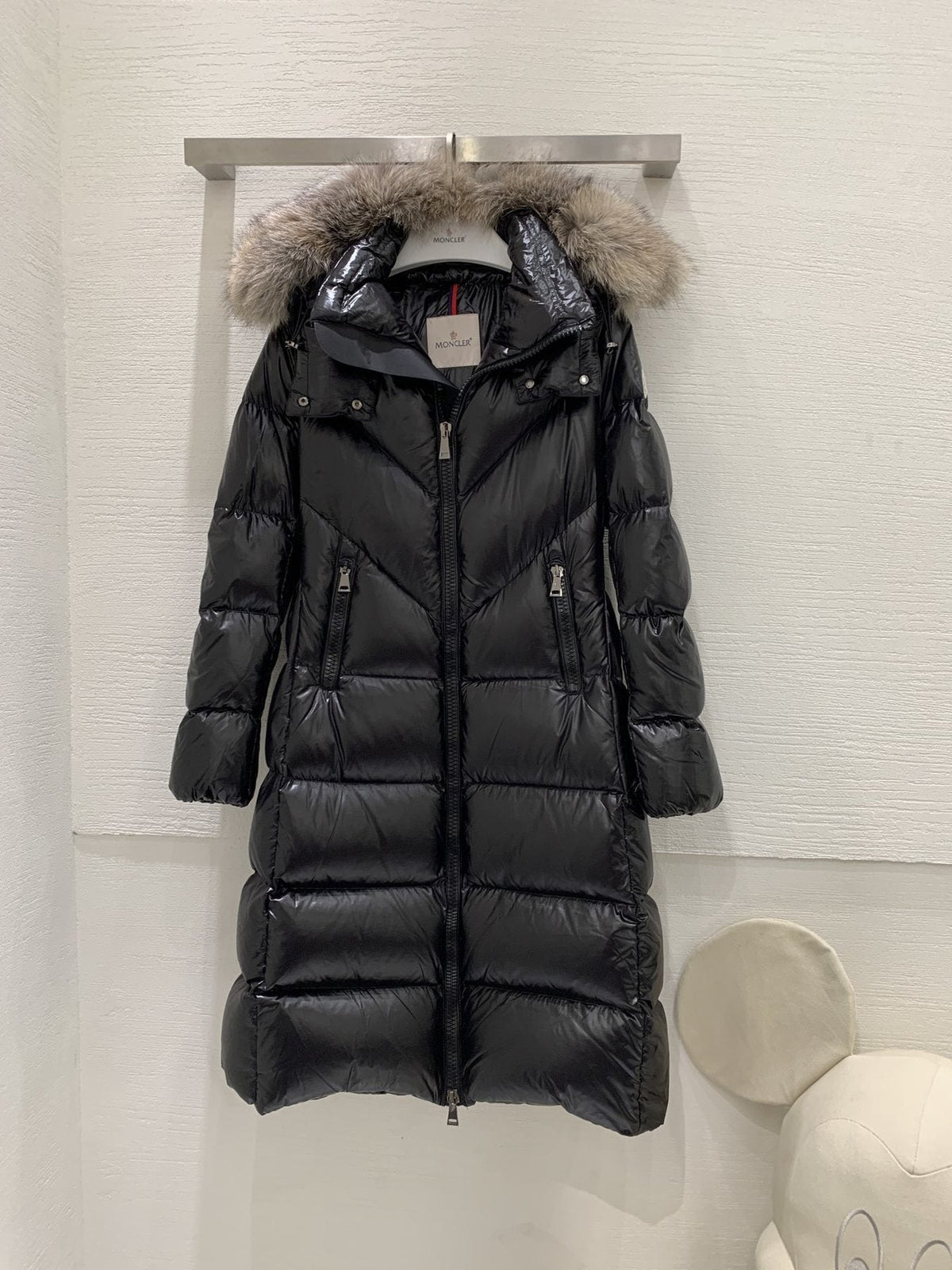 Moncler Women’s Long Down Jacket with Fur-Trim Hood — hang_tag