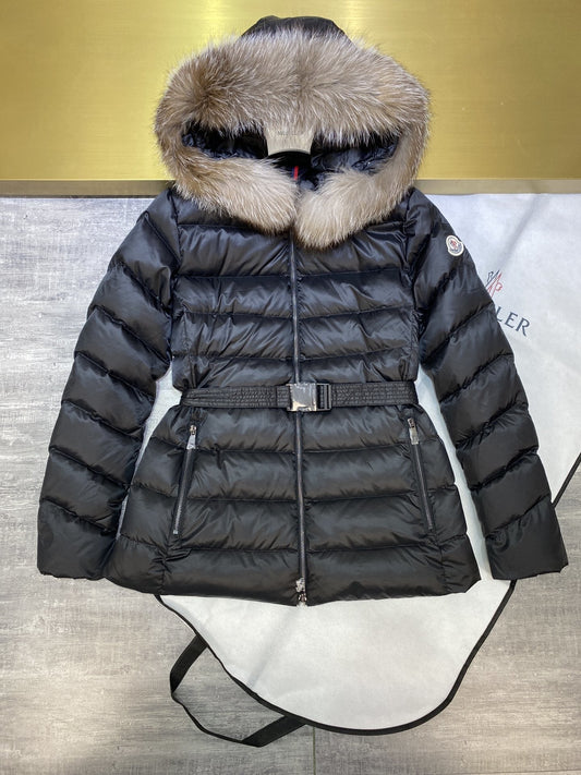 Moncler Fur-Trim Hood Belted Short Down Coat — hero