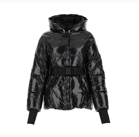 Moncler Women's Glossy Belted Hooded Puffer Coat — hero