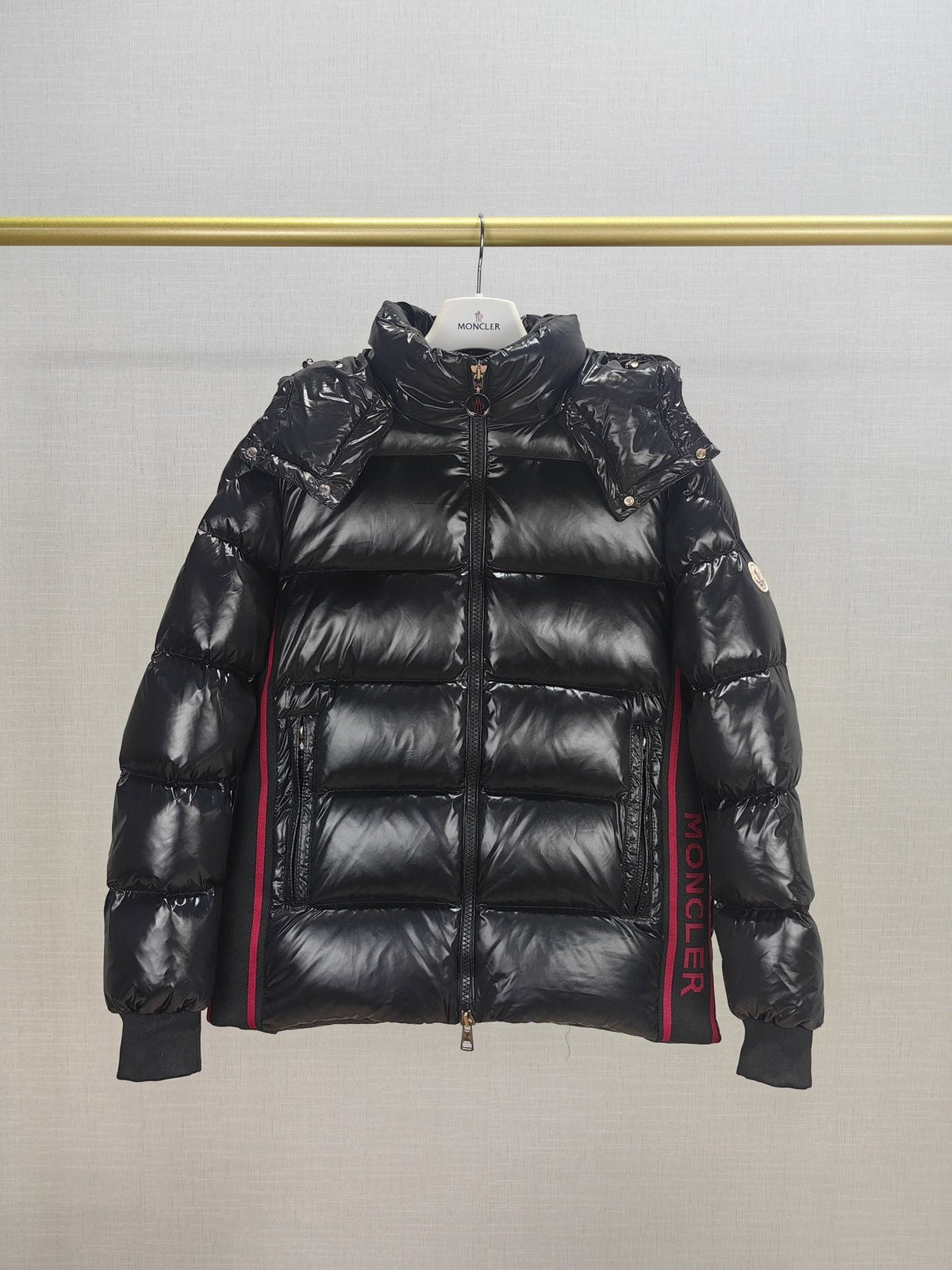 Moncler Glossy Knit-Panel Short Down Coat — front