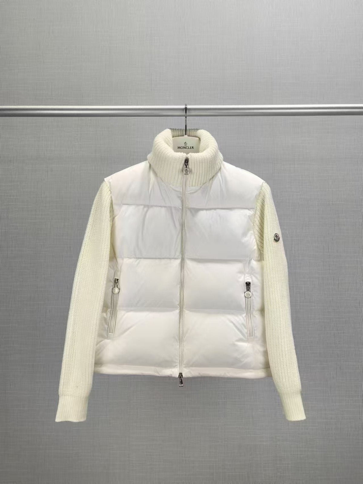 Moncler Women's High-Collar Knit-Sleeve Down Jacket — front