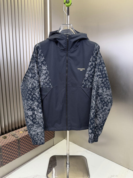 2026 Original Jacket Navy Blue Hooded Zip Jacket with Patterned Panels — hero